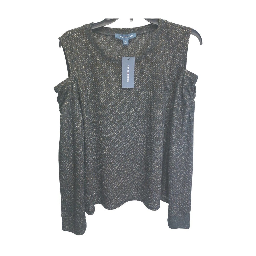 Top Tommy hilfiger Women's Size XL Cold Shoulder Black with gold MSRP $69.60